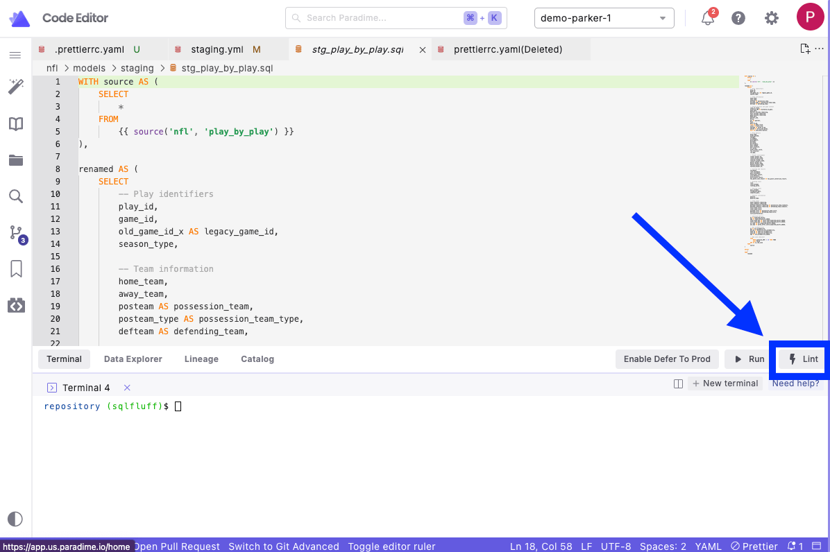 Using the Lint button for .sql file using SQLfluff