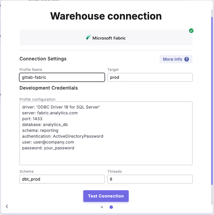 Profile configuration example is for 'Microsoft Entra ID username and Password'