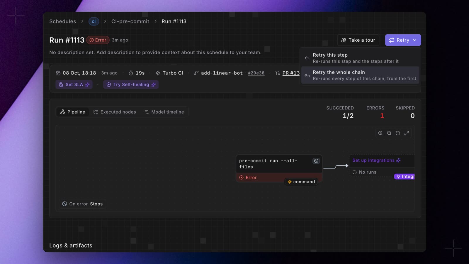 A failed Turbo CI run page with the Retry menu open, offering Retry this step and Retry the whole chain