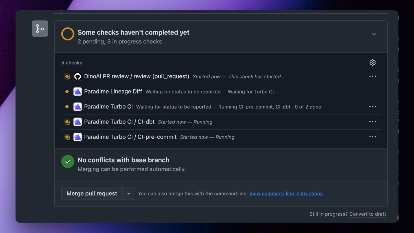 GitHub pull request checks with Paradime Turbo CI running CI-pre-commit and CI-dbt as separate Paradime Turbo CI checks, and Paradime Lineage Diff waiting for Turbo CI