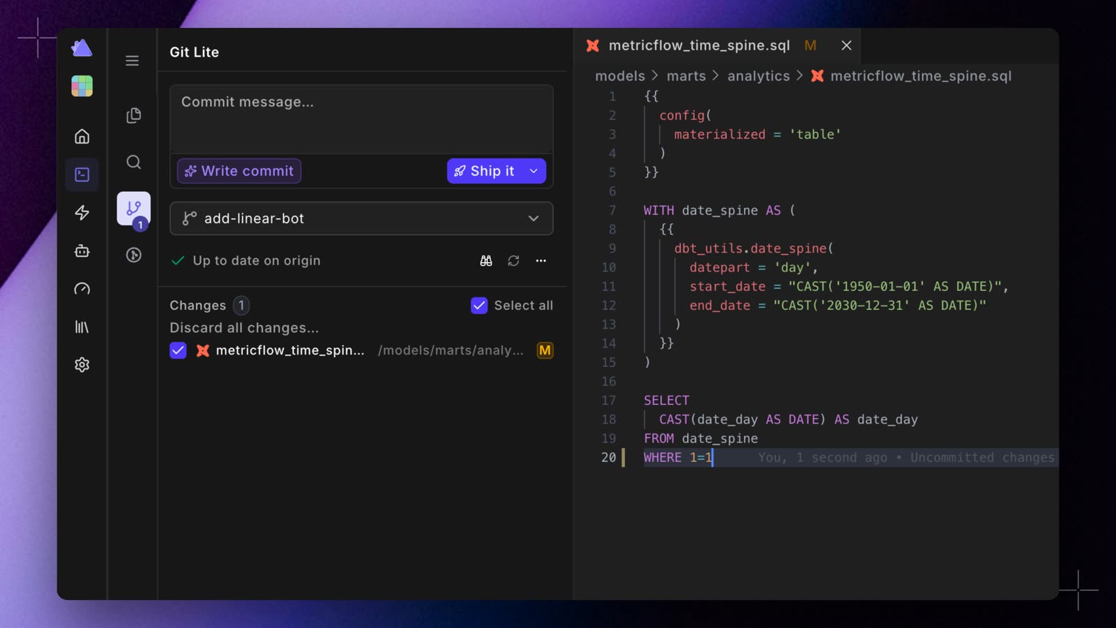 The redesigned Git Lite panel in the Code IDE, with the commit message box, Write commit and Ship it buttons, the branch picker, the sync status, and the list of changed files next to an open model