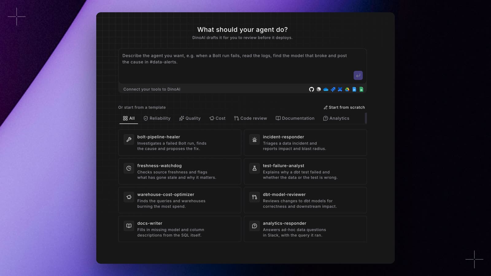 The new agent page asking What should your agent do?, with a box to describe the agent, connected tool icons, and templates below under Or start from a template