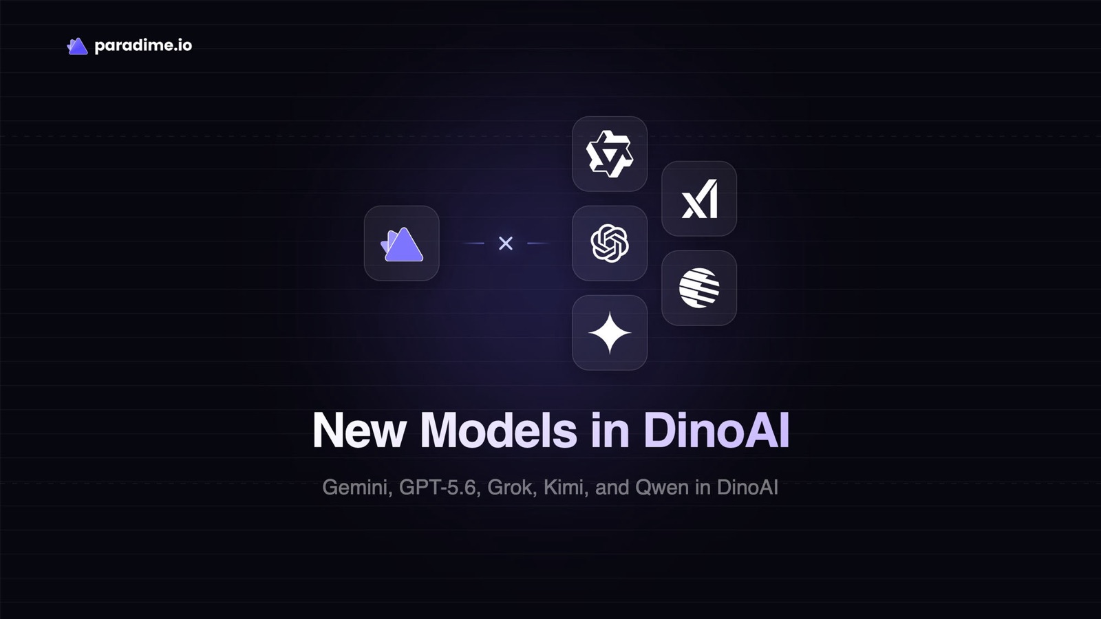 New models in DinoAI: Paradime connected to the Gemini, OpenAI, xAI, Kimi, and Qwen provider logos