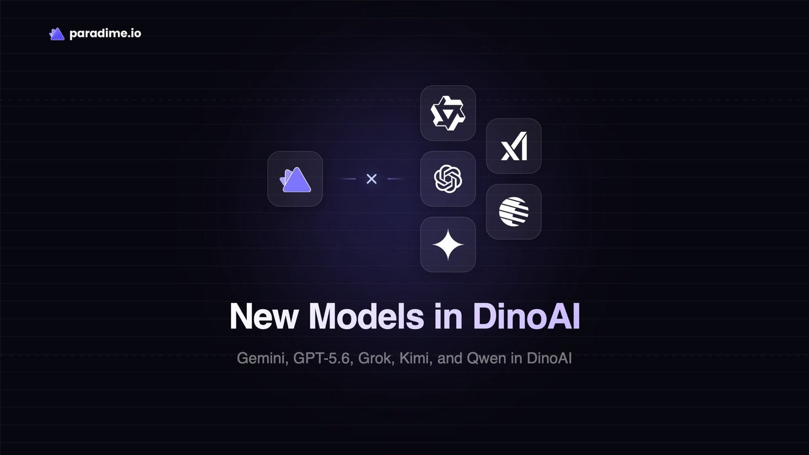 New models in DinoAI: Paradime connected to the Gemini, OpenAI, xAI, Kimi, and Qwen provider logos