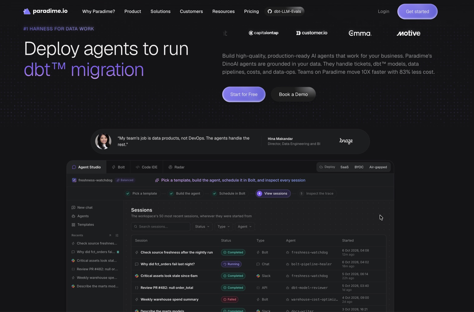 The new paradime.io homepage with the main navigation, the hero headline, customer logos, a customer quote, and an interactive product demo showing Agent Studio sessions