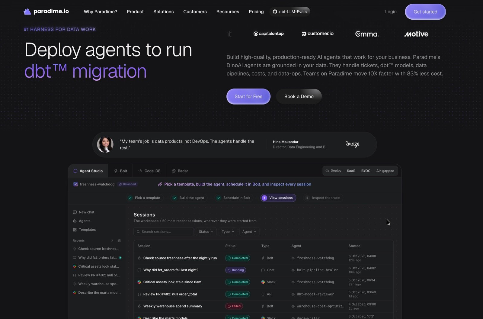 The new paradime.io homepage with the main navigation, the hero headline, customer logos, a customer quote, and an interactive product demo showing Agent Studio sessions