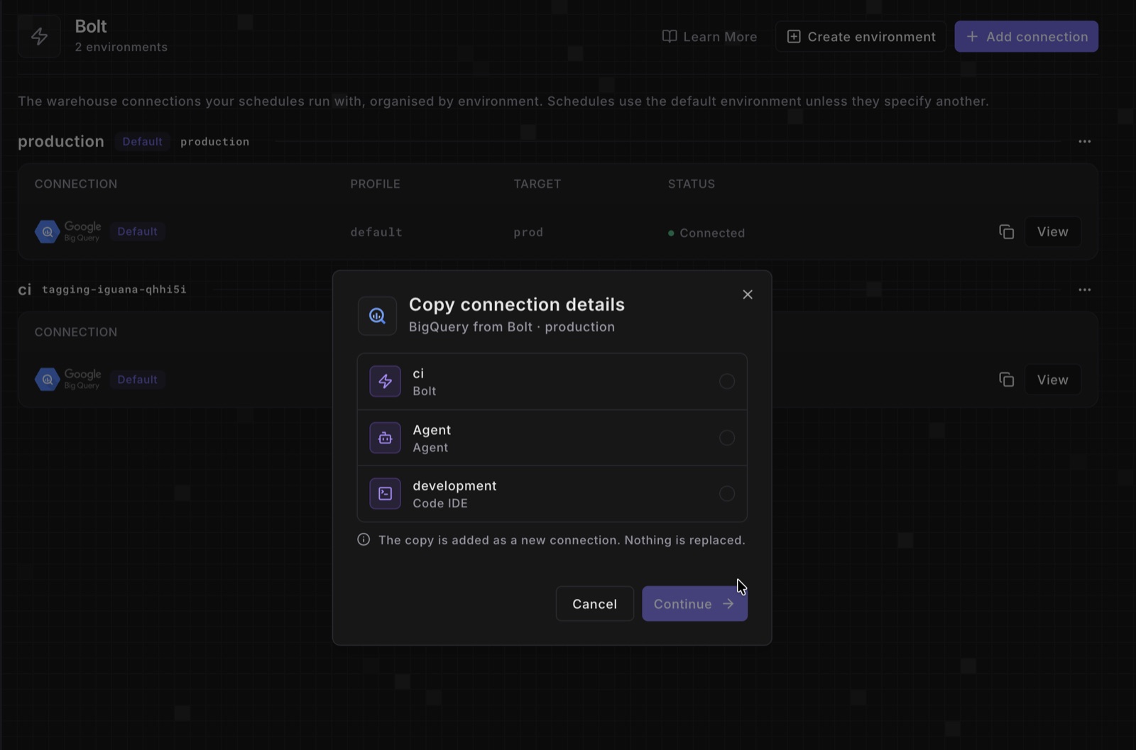 The Copy connection details dialog for a BigQuery connection from Bolt production, listing the ci Bolt environment, the Agent environment, and the development Code IDE environment as targets