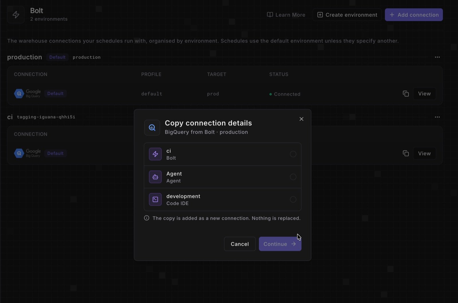The Copy connection details dialog for a BigQuery connection from Bolt production, listing the ci Bolt environment, the Agent environment, and the development Code IDE environment as targets