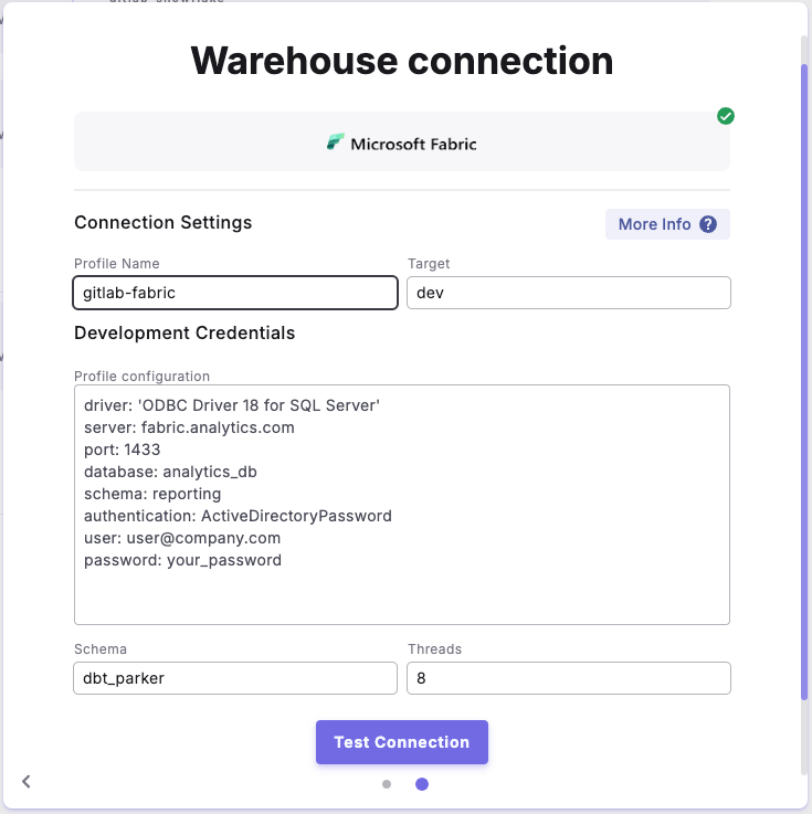 Profile configuration example is for 'Microsoft Entra ID username and Password'