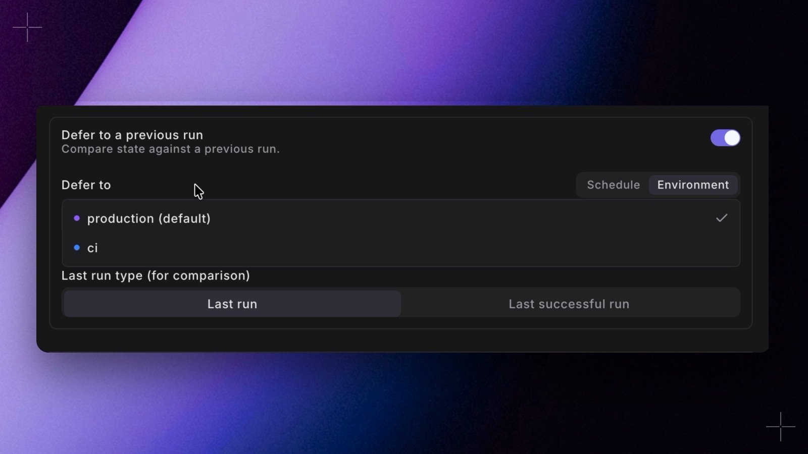 Bolt Schedule settings with Defer to a previous run on, Defer to switched to Environment, the production environment selected, and the Last run type options