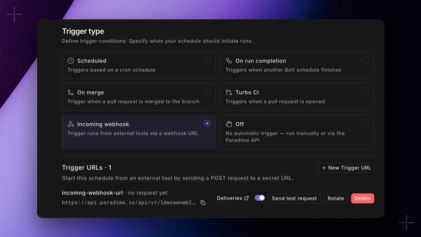 A Bolt schedule's Trigger type section with Incoming webhook selected, and the Trigger URLs card listing one webhook URL with Deliveries, an on switch, Send test request, Rotate, and Delete