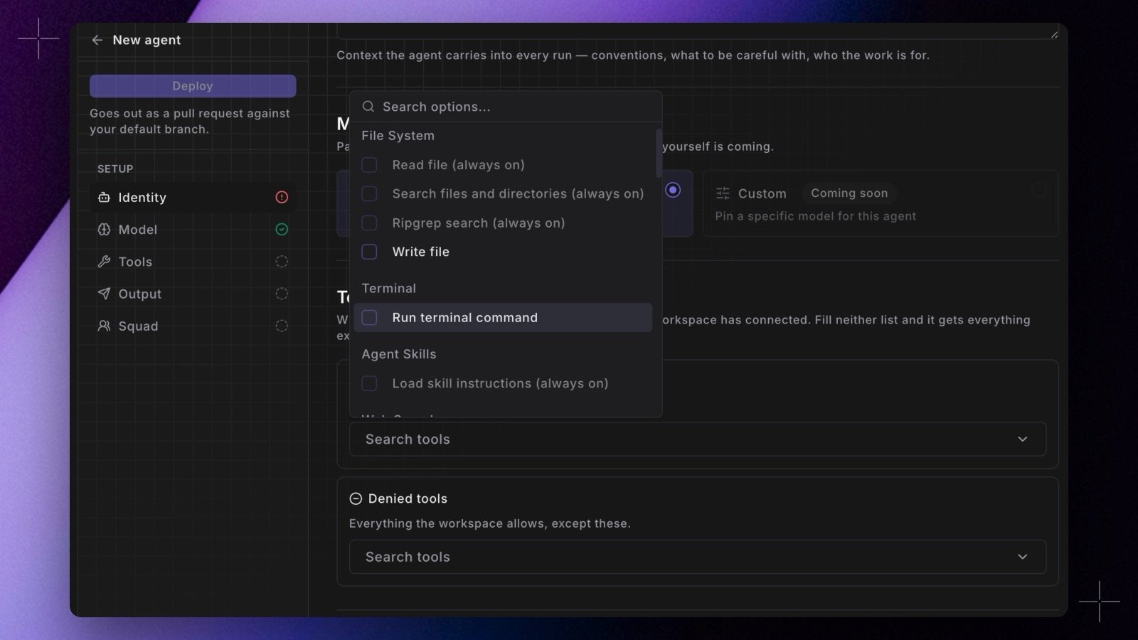 The agent builder tool picker grouping tools by area, with core tools marked always on