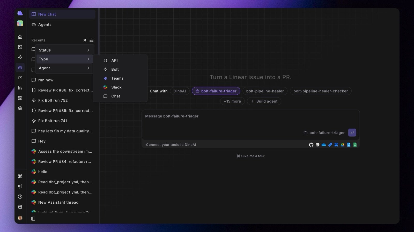 The New chat page with the agent picker, next to the Recents panel filters for status, type, and agent