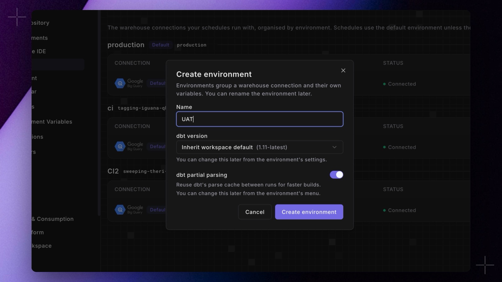 The Create environment dialog with a dbt version dropdown set to Inherit workspace default