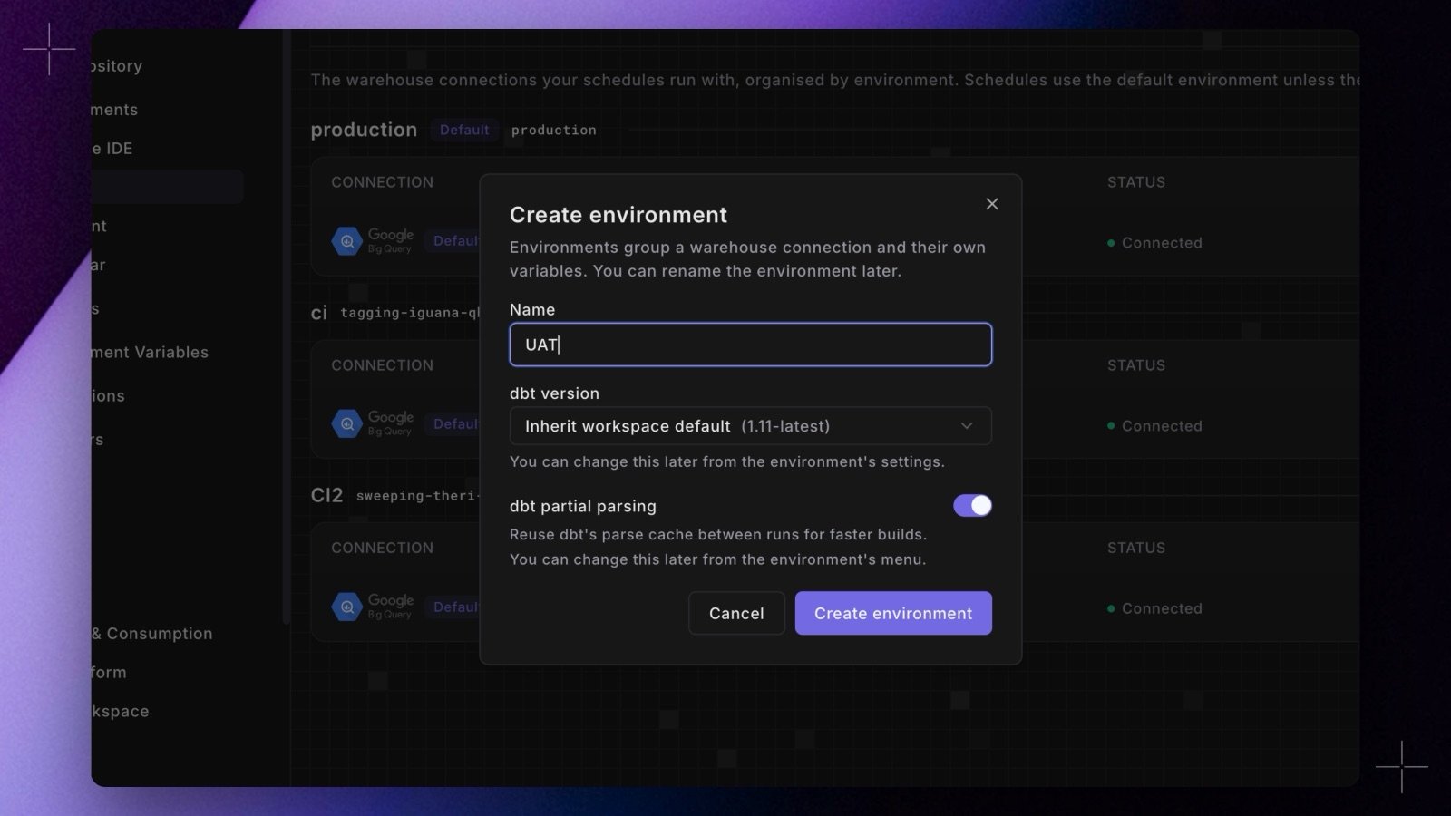 The Create environment dialog with a dbt version dropdown set to Inherit workspace default