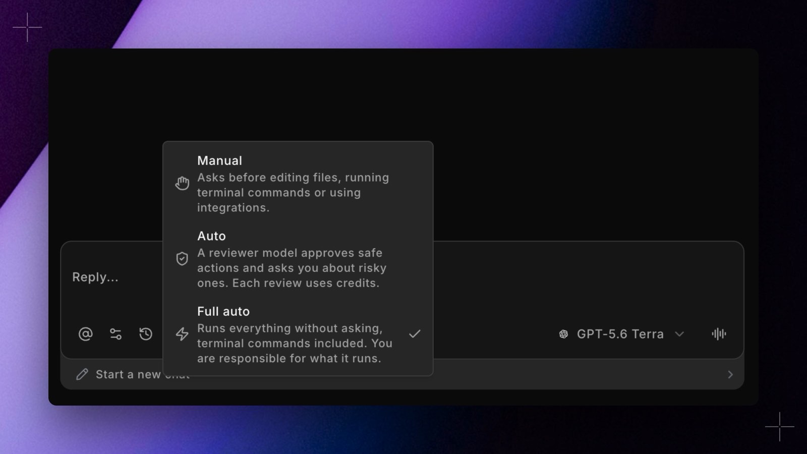 The DinoAI approval mode picker open in the Code IDE chat panel, listing Manual, Auto, and Full auto with their descriptions, Full auto selected