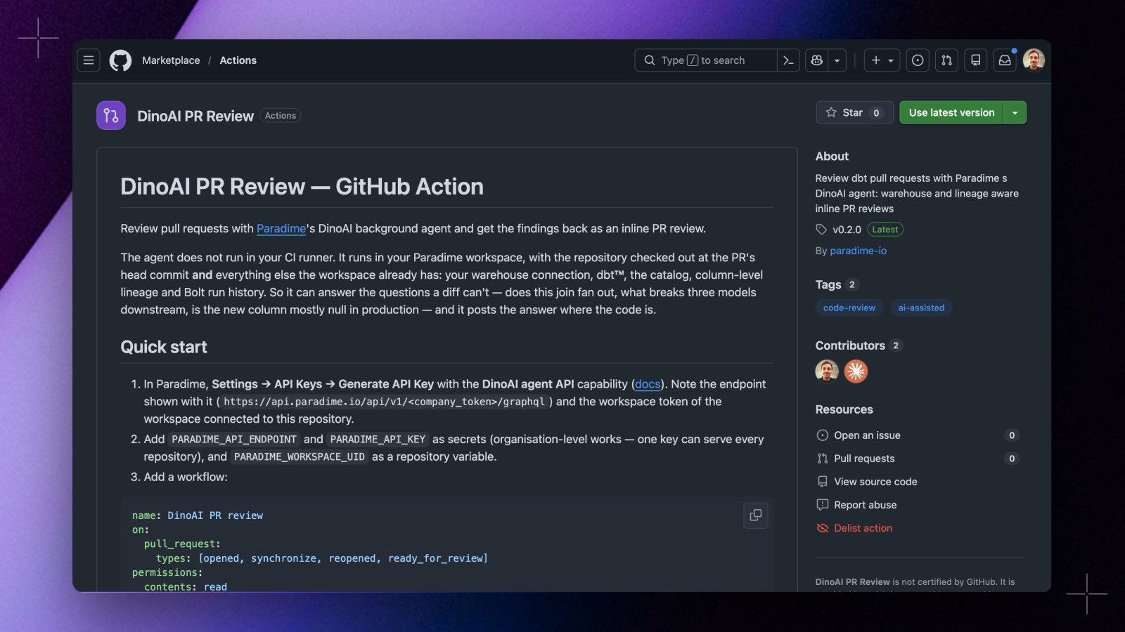 The DinoAI PR Review action on the GitHub Marketplace, showing its description, quick start steps, and Use latest version button