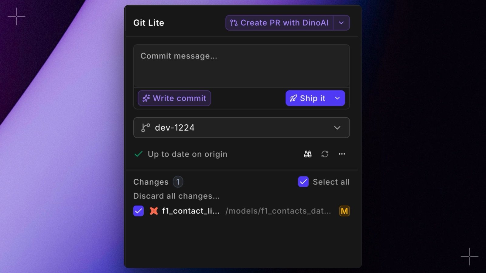 The Git Lite panel with the Create PR with DinoAI button at the top, above the commit message box and Ship it