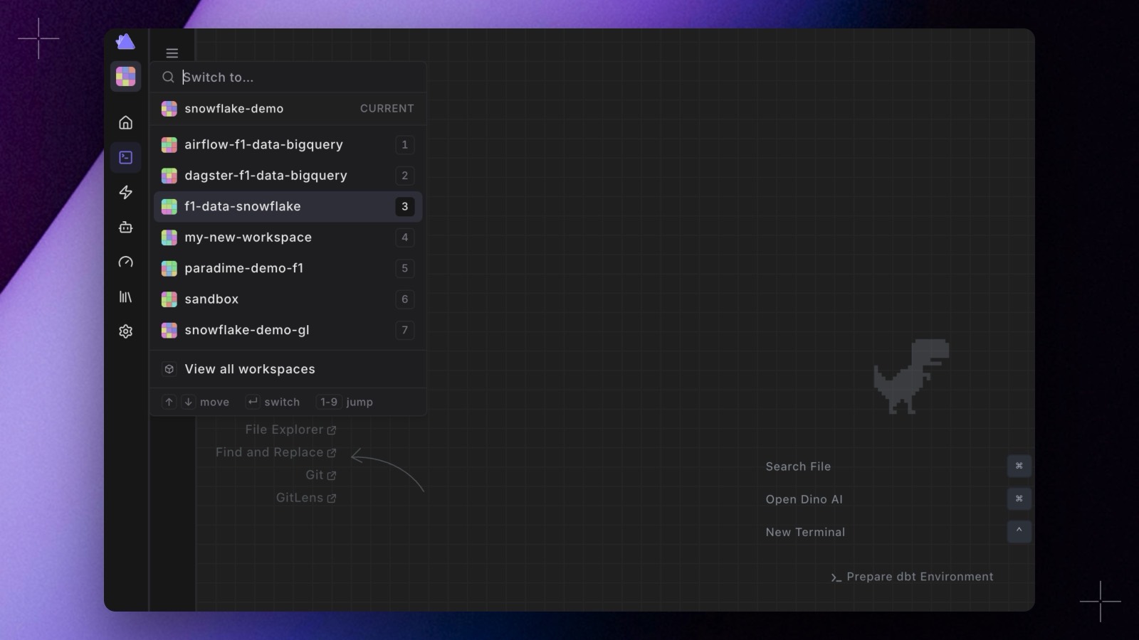 The workspace switcher open over the Code IDE, with the current workspace pinned at the top marked CURRENT, seven numbered workspaces below it, and the move, switch, and jump key hints along the bottom