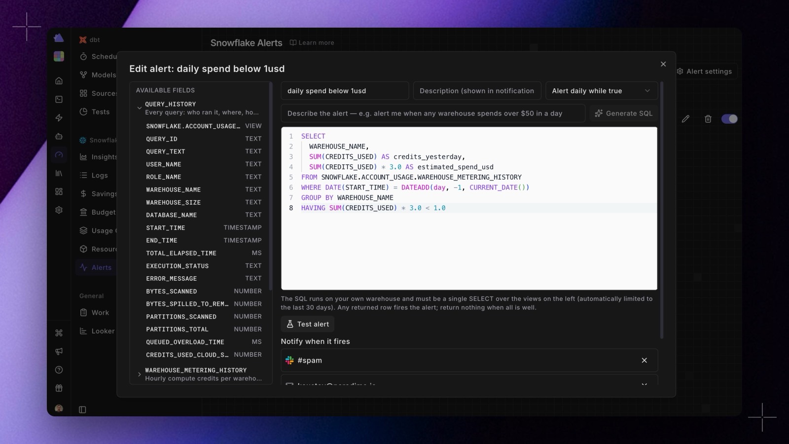 The Radar custom alert editor: available Snowflake fields on the left, generated SQL in the editor, a Test alert button and Slack and email destinations