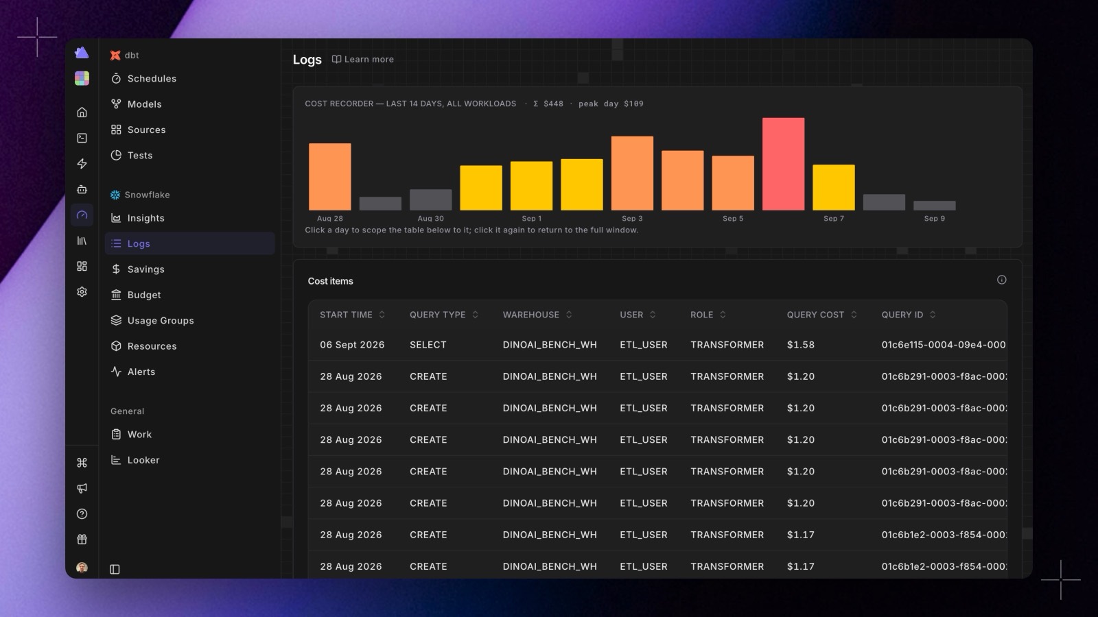 The Radar Logs page: a cost recorder strip coloured by daily spend above a table of individual queries with their cost