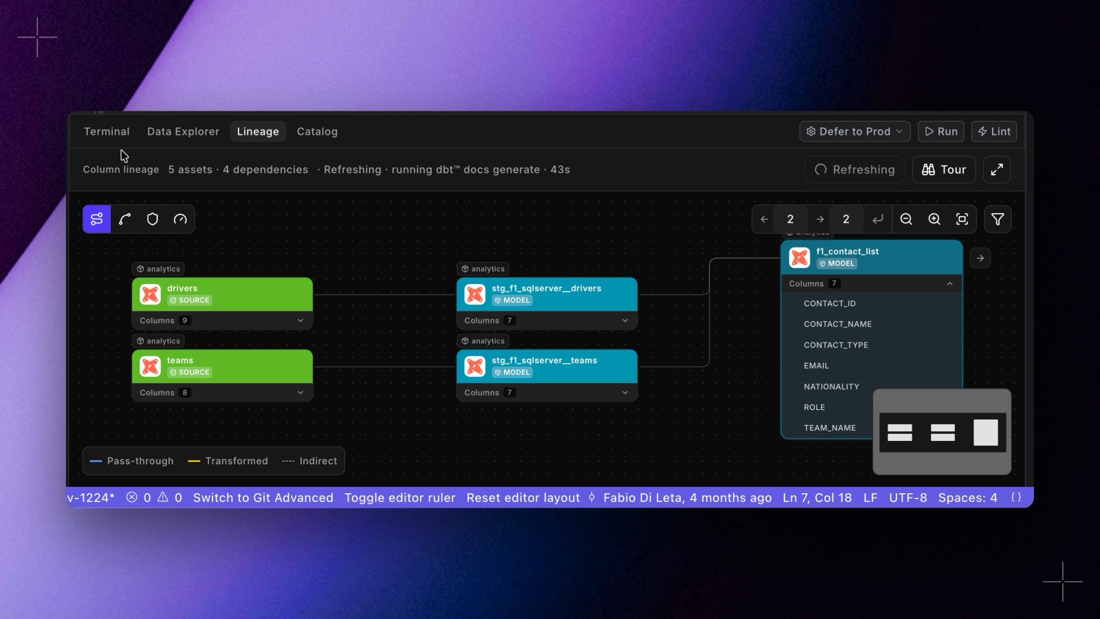 The Code IDE Lineage tab while a refresh runs, with the status line reading Refreshing, running dbt docs generate, and the graph controls floating over the canvas