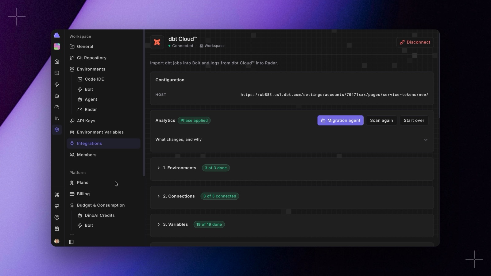 The dbt Cloud™ integration page with the migration checklist: Environments 3 of 3 done, Connections 3 of 3 connected, Variables 19 of 19 done, and the Migration agent button