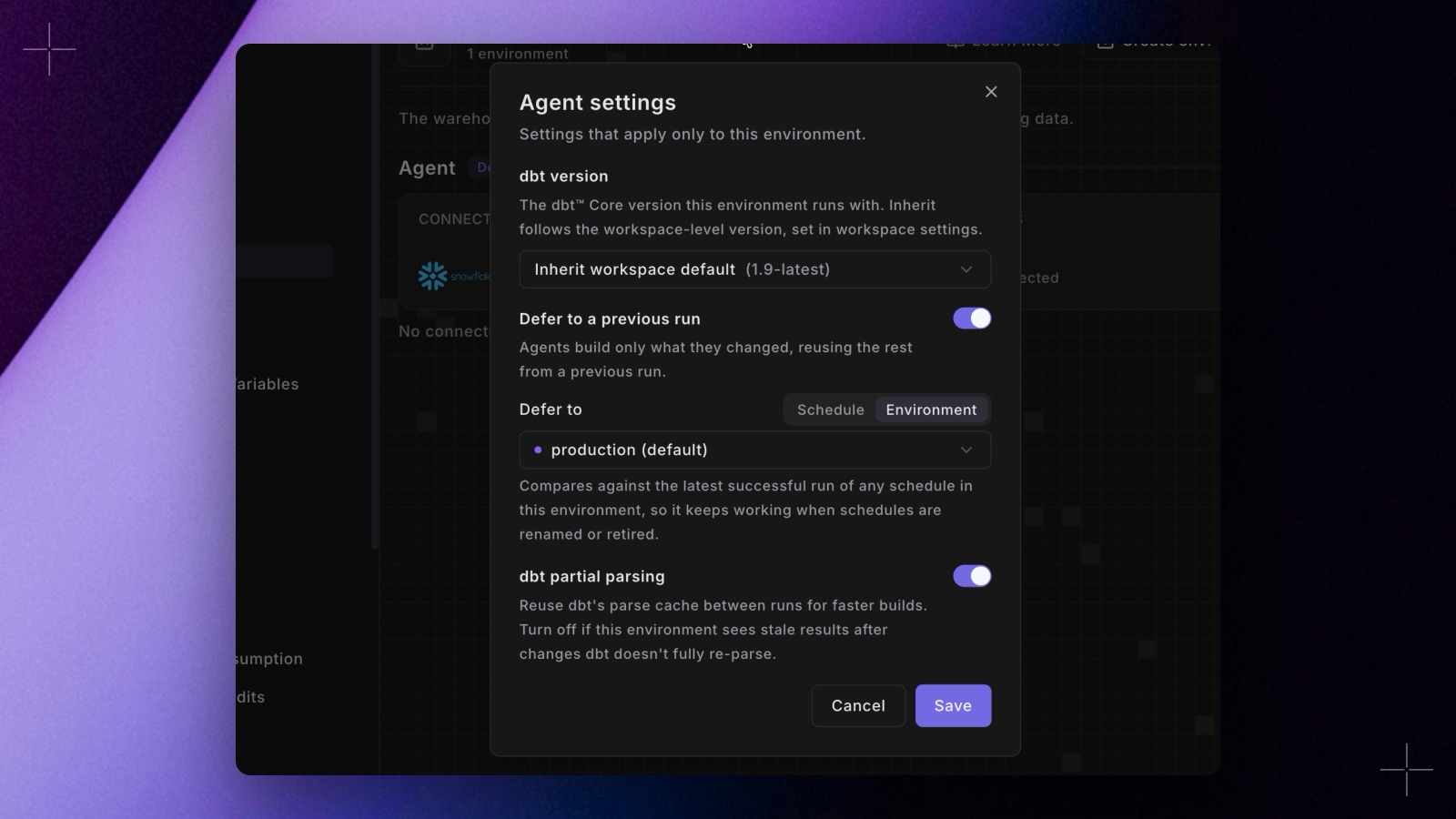 The Agent settings dialog with Defer to a previous run on, Defer to set to Environment, and production (default) selected