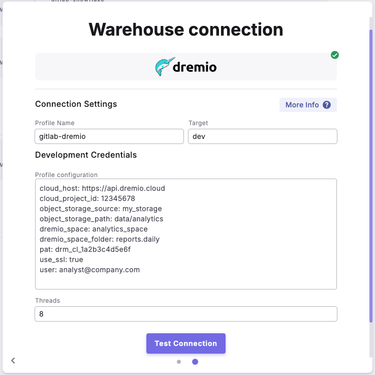 Profile configuration example is for 'Dremio Cloud'