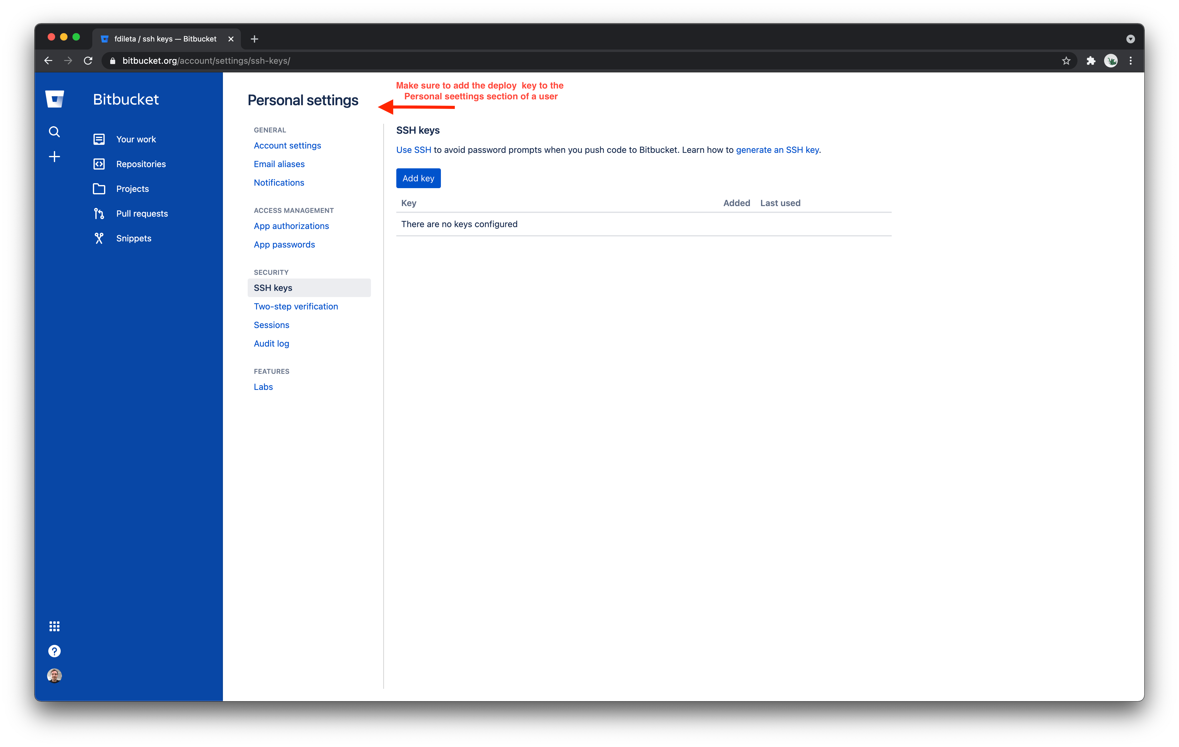 Configuring a BitBucket Cloud deploy key