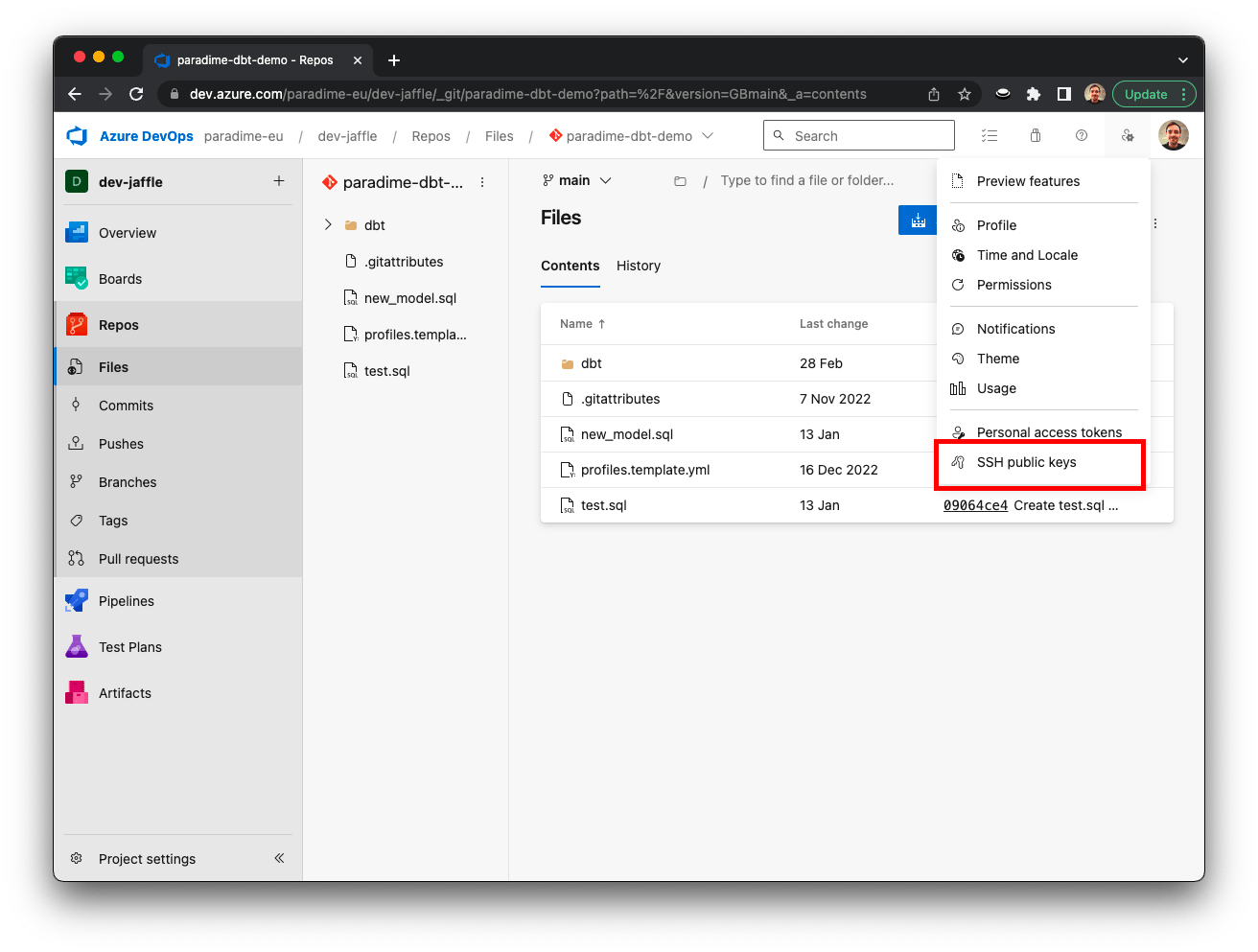 Open Azure DevOps security settings