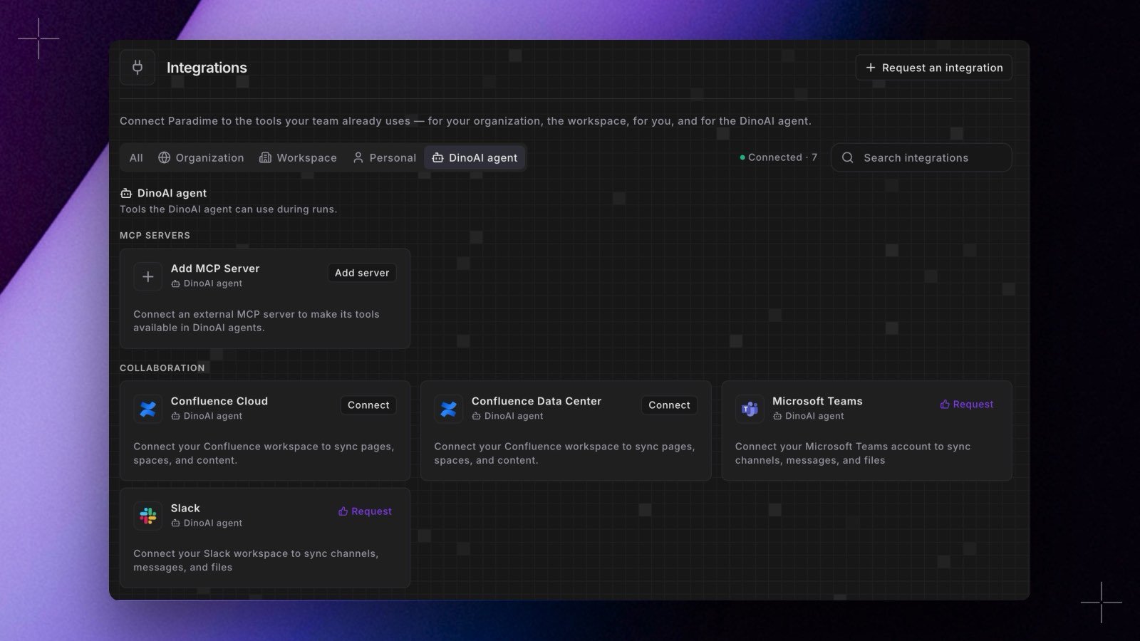 The Integrations page on the DinoAI agent tab, with the MCP Servers section and its Add MCP Server card above the collaboration integrations