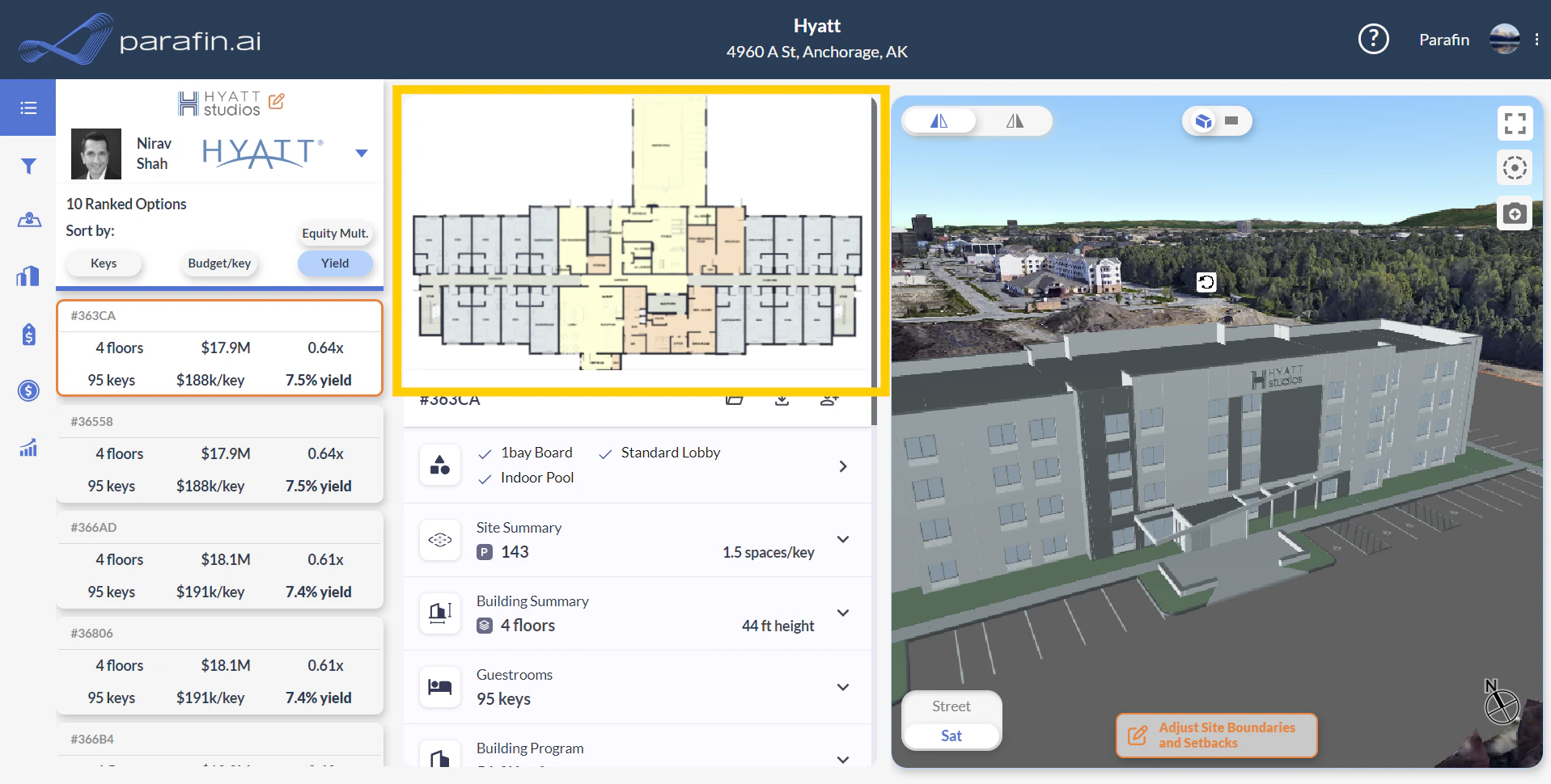 Floorplan previews at the top of the middle panel