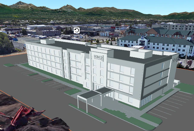 Photorealistic 3D satellite view of a project site with surrounding buildings
