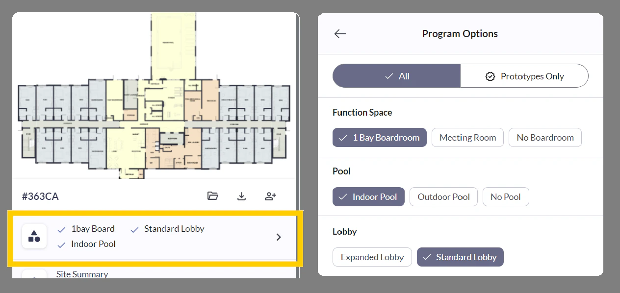 Non-guestroom program options summary with filter controls
