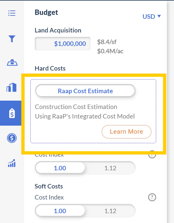 RaaP Cost Estimate toggle on a Home2 Suites project