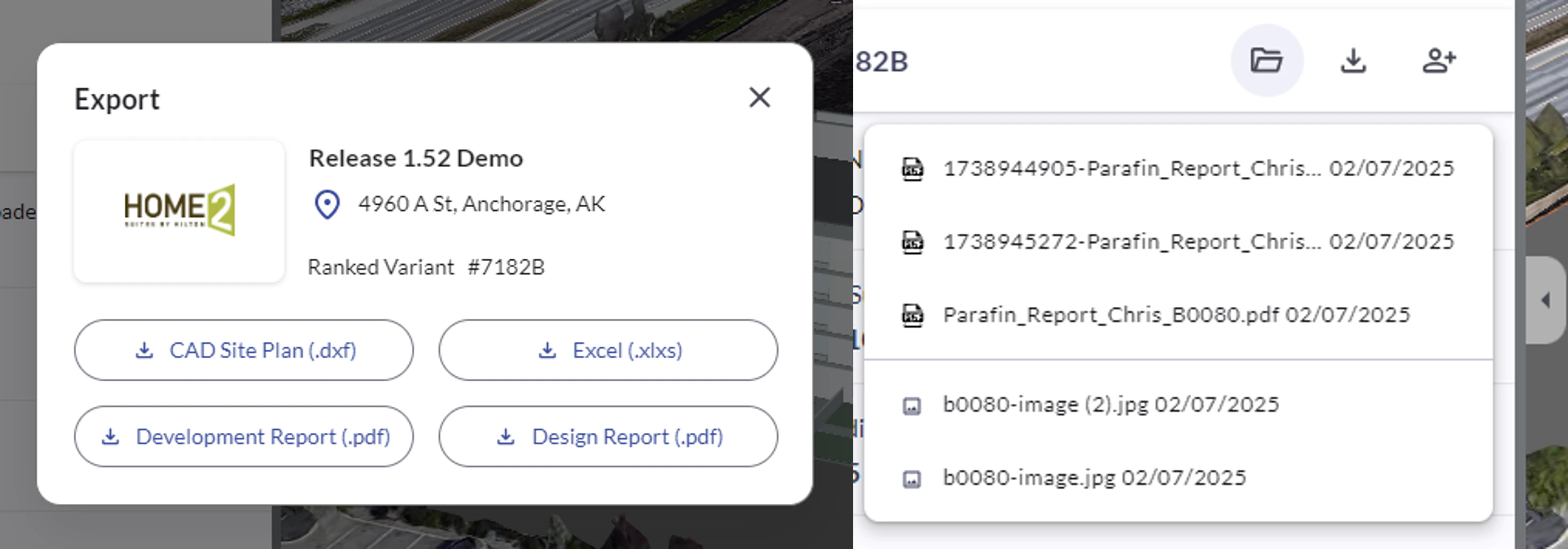Dedicated export window opened from the Variants download button