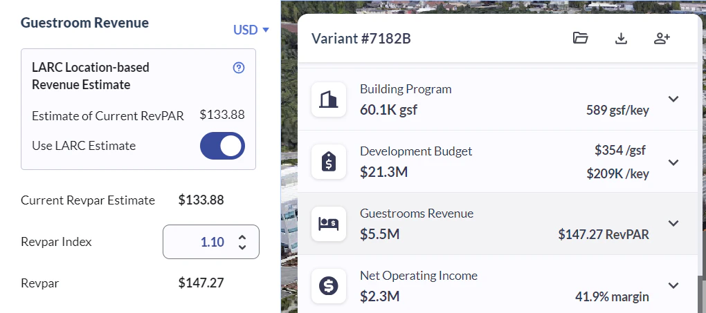 LARC RevPAR estimate toggle in the project dashboard