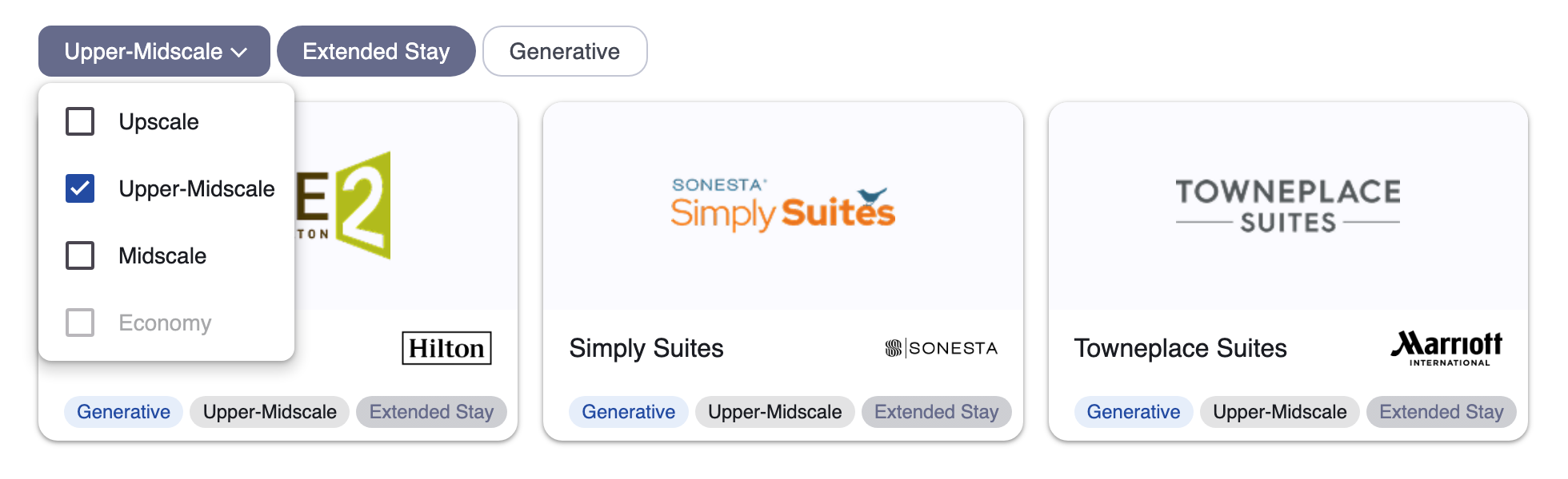 Chain Scale and Extended Stay filters on the brand selection screen, with chain scale tags on each brand card