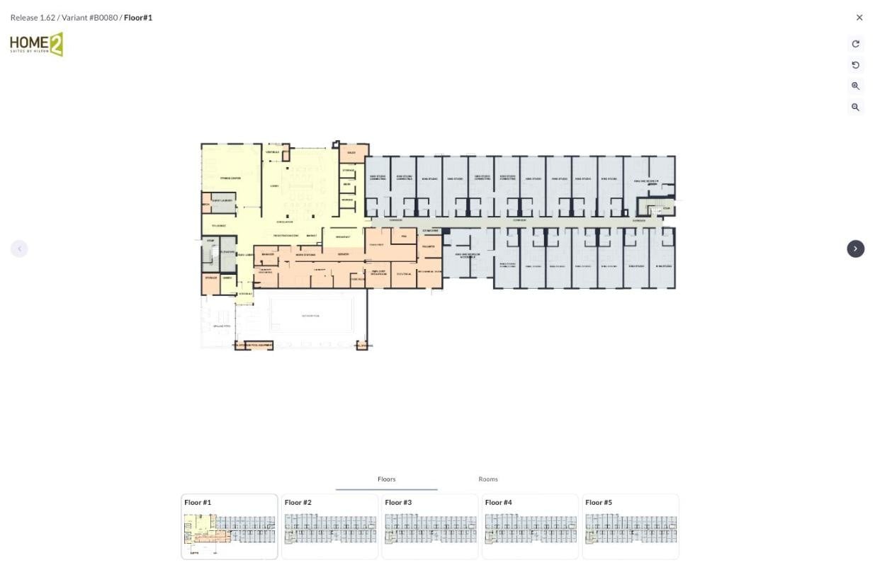 Floor plan viewer showing the first floor, with a thumbnail for each floor along the bottom
