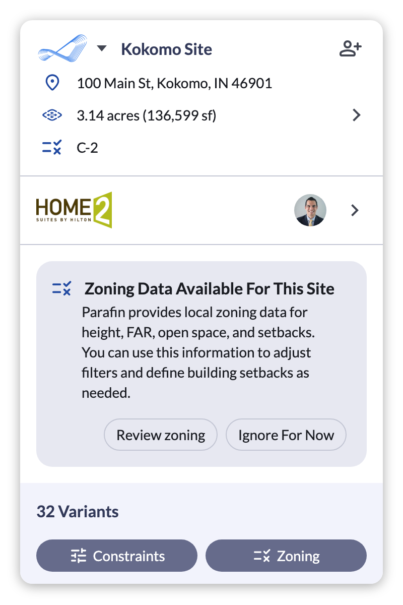 Project panel with the Zoning Data Available For This Site card, its Review zoning and Ignore For Now buttons, and the Zoning button below