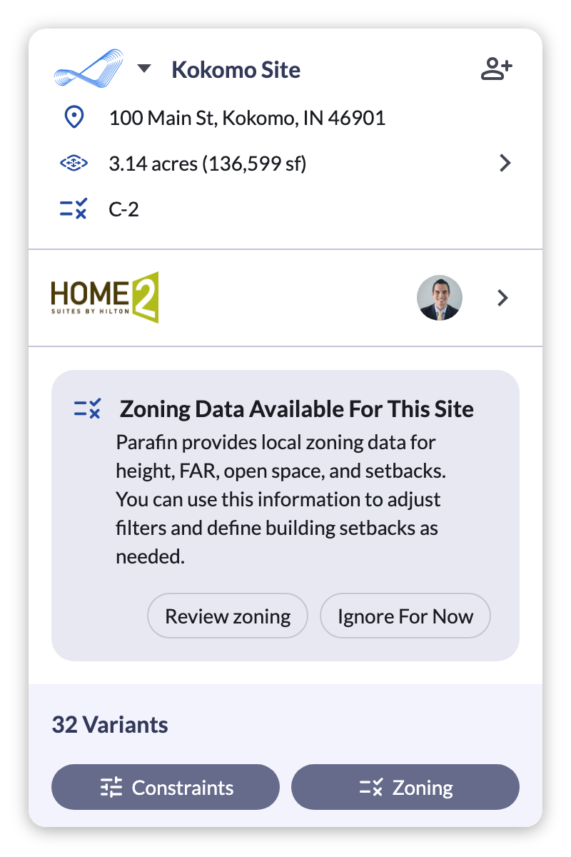 Project panel with the Zoning Data Available For This Site card, its Review zoning and Ignore For Now buttons, and the Zoning button below