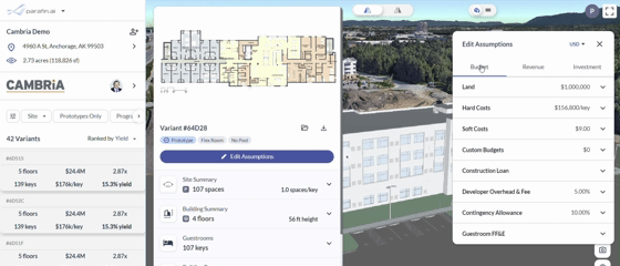 Editing project assumptions in the side panel