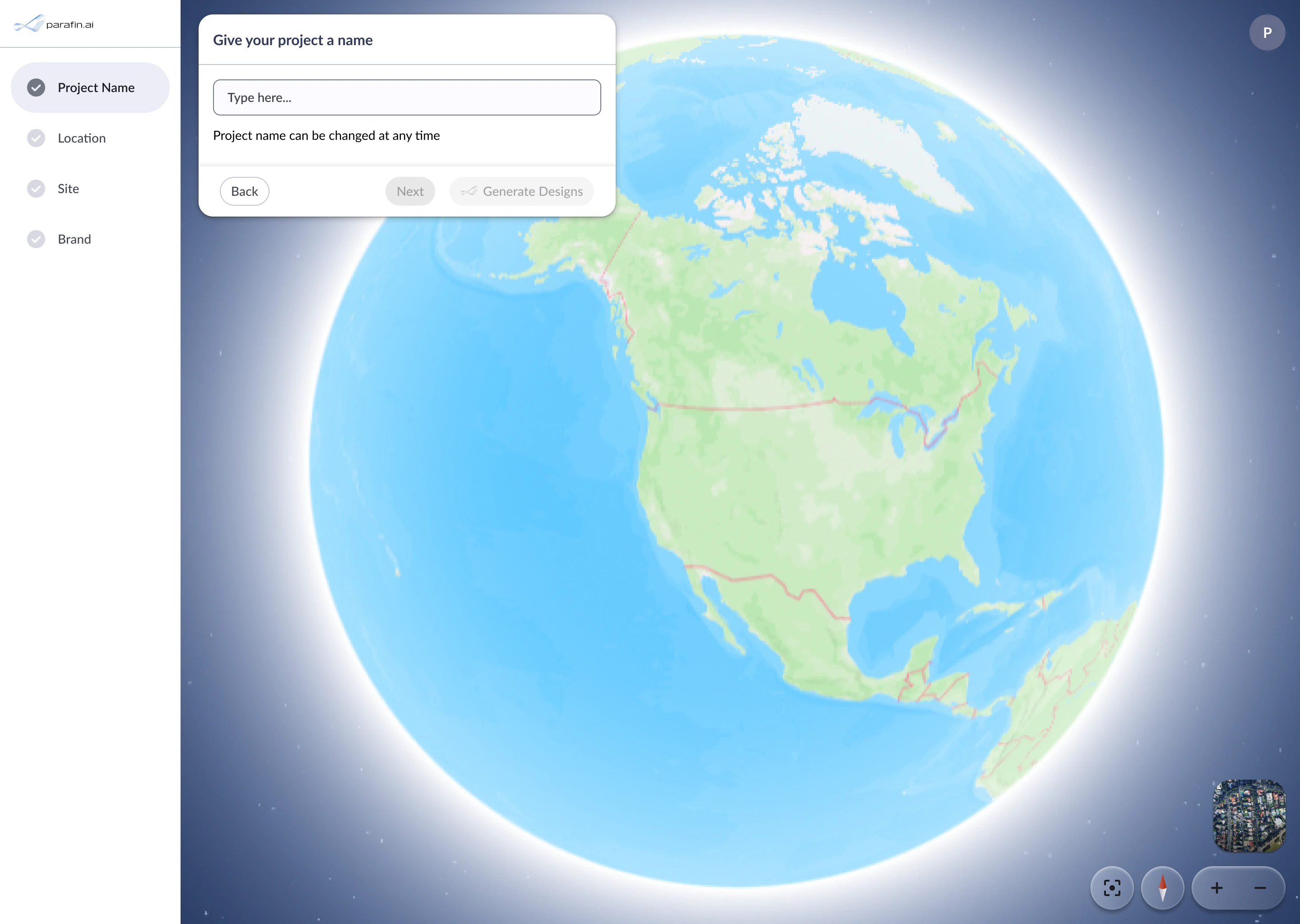 Project name step showing text field with Type here placeholder