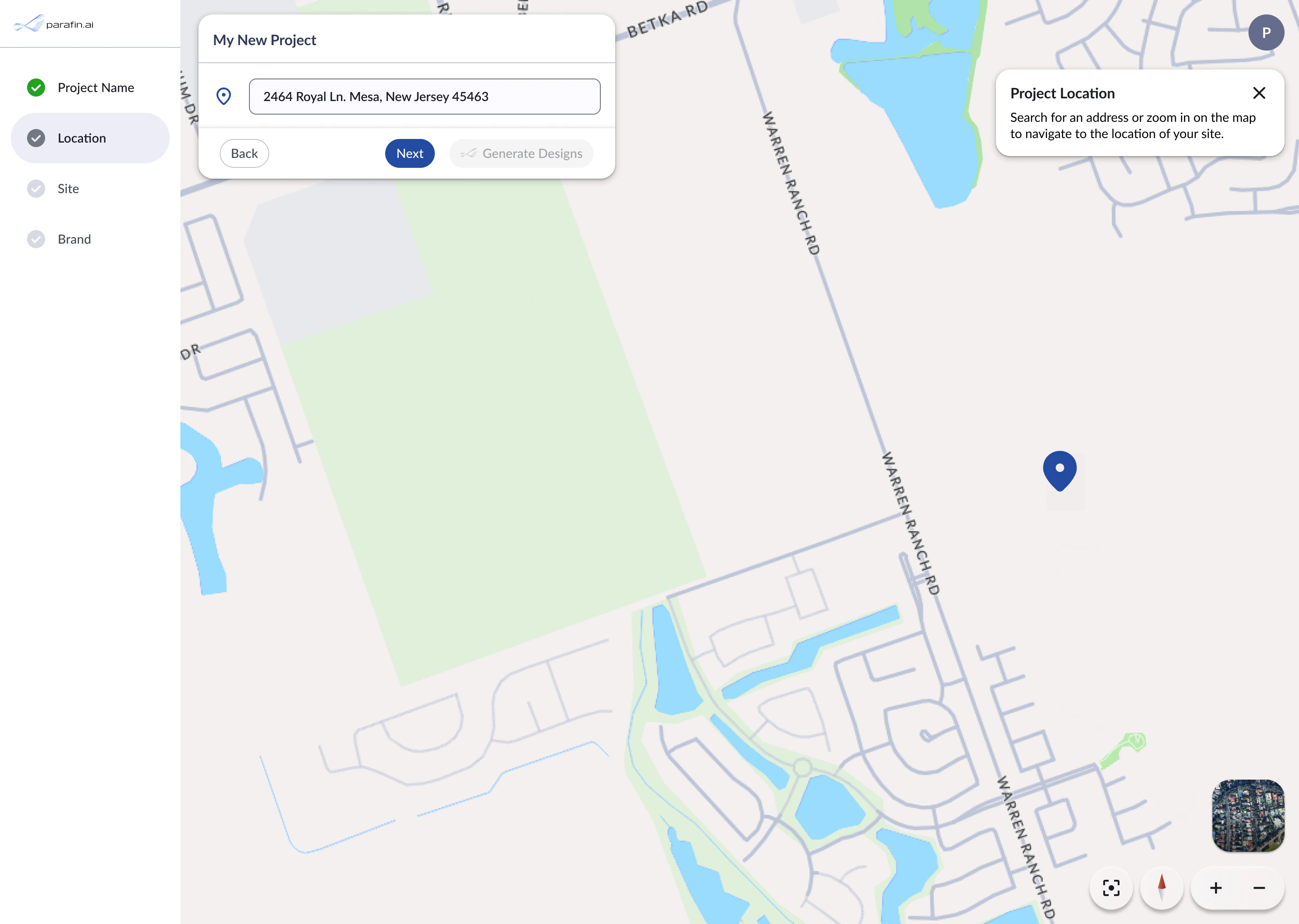 Location step showing address field with map pin