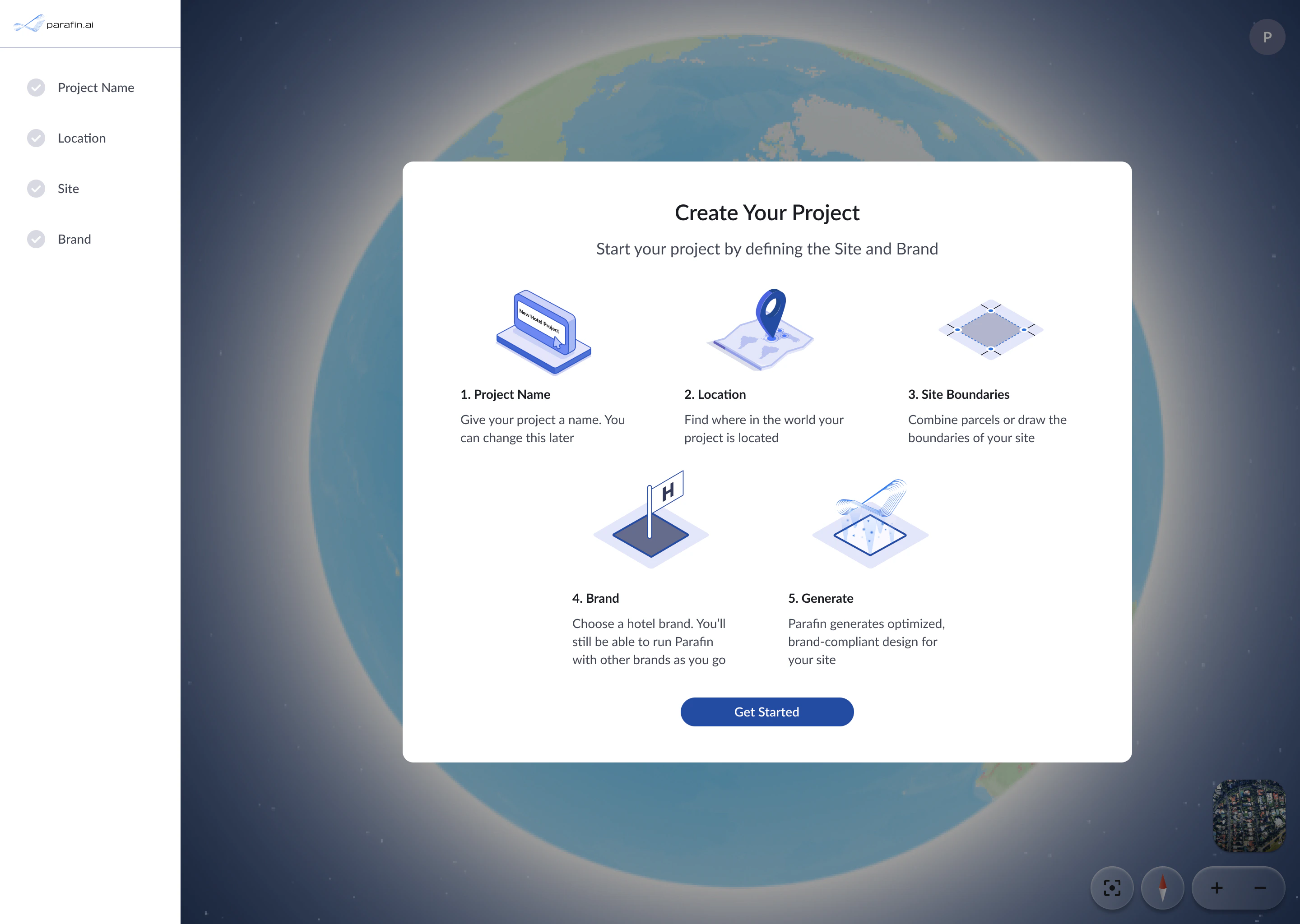 Create Your Project screen showing all steps with Get Started button