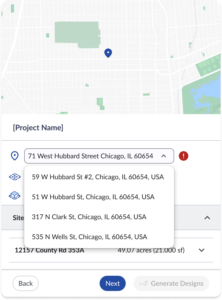 Address field with orange warning icon and dropdown showing suggested alternative addresses
