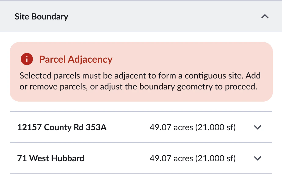 Site Boundary section showing red Parcel Adjacency warning card above the list of selected parcels