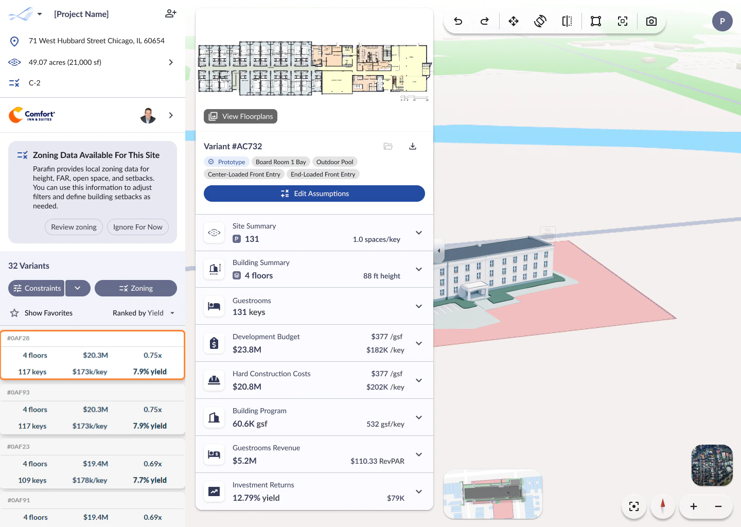 Blue info card showing Zoning Data Available For This Site with Review zoning and Ignore For Now buttons