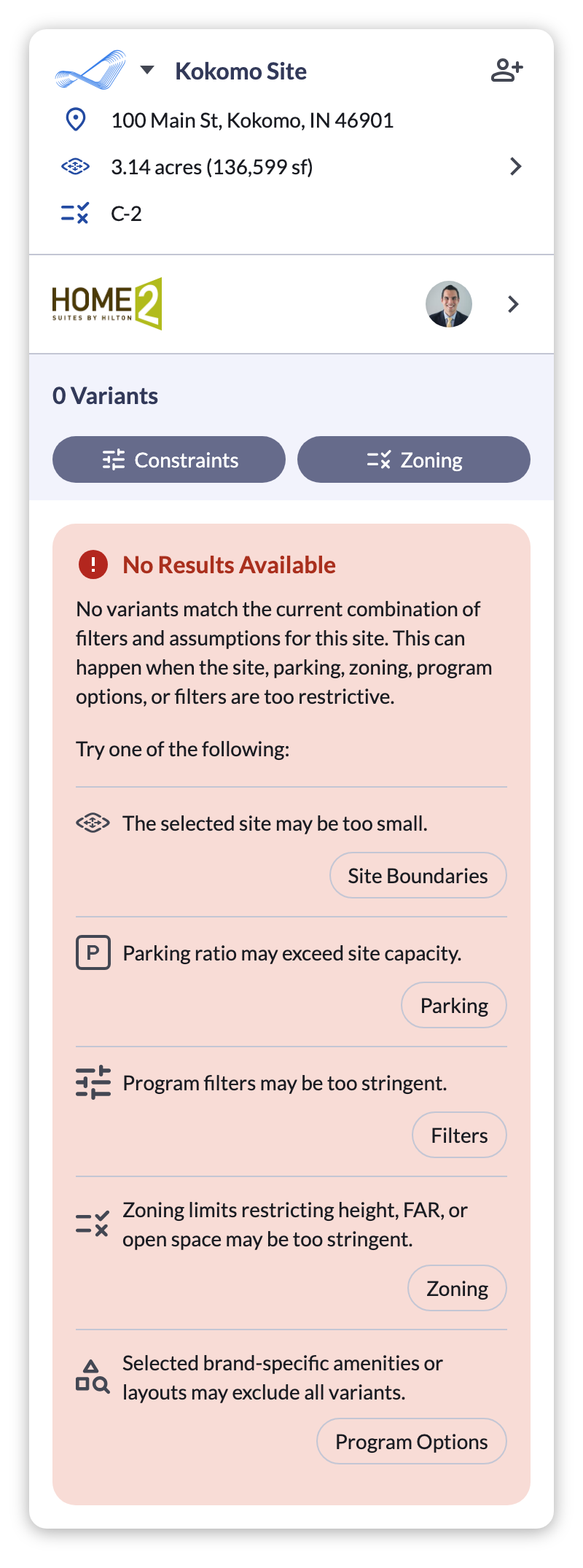 Project panel with the No Results Available card listing five possible causes, each with a button to the matching setting
